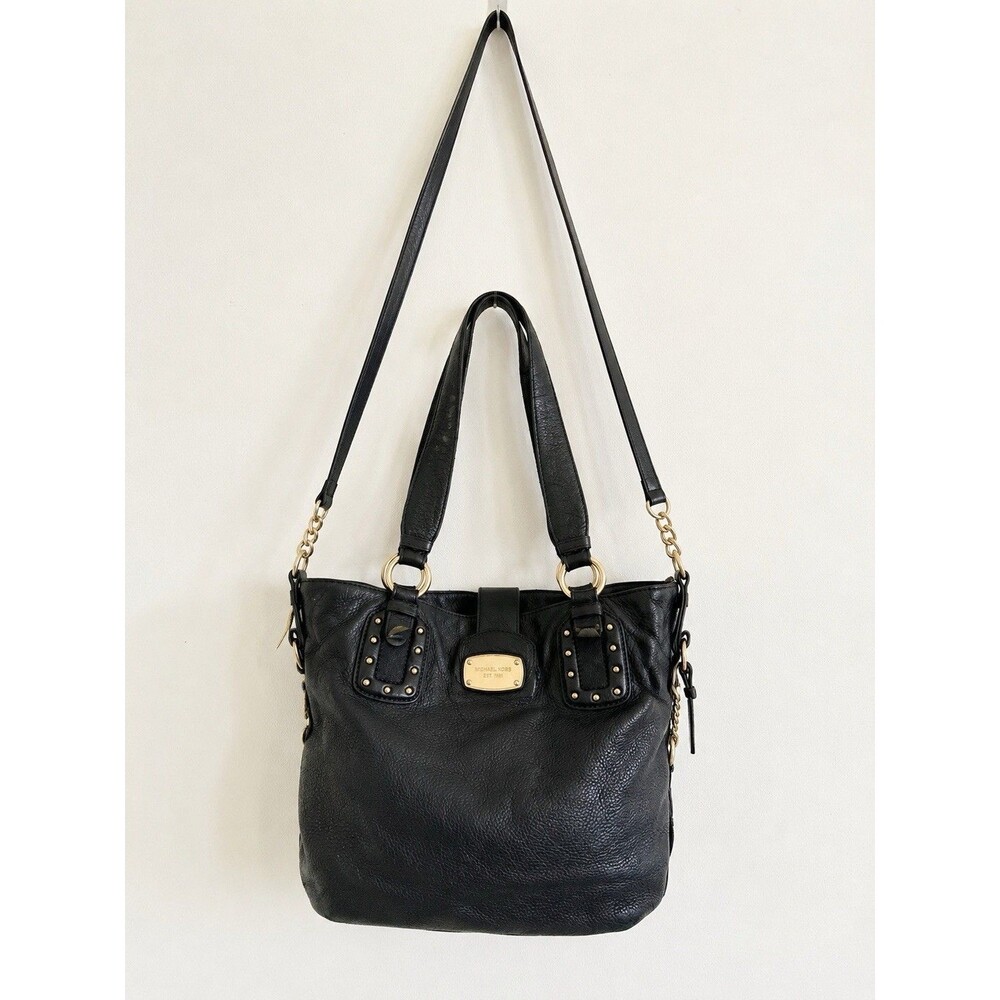 Michael Kors Black Pebbled Leather Tote Shoulder Bag Gold Studded Hardware